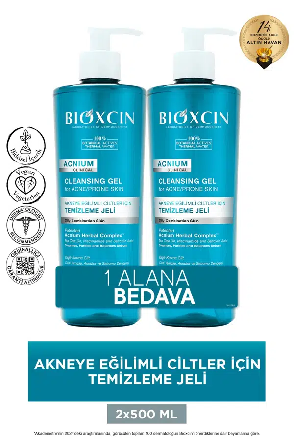 Bioxcin Acnium Yüz Yıkama Jeli Sebium Dengeleyici 500 ml - 1+1 Hediyeli