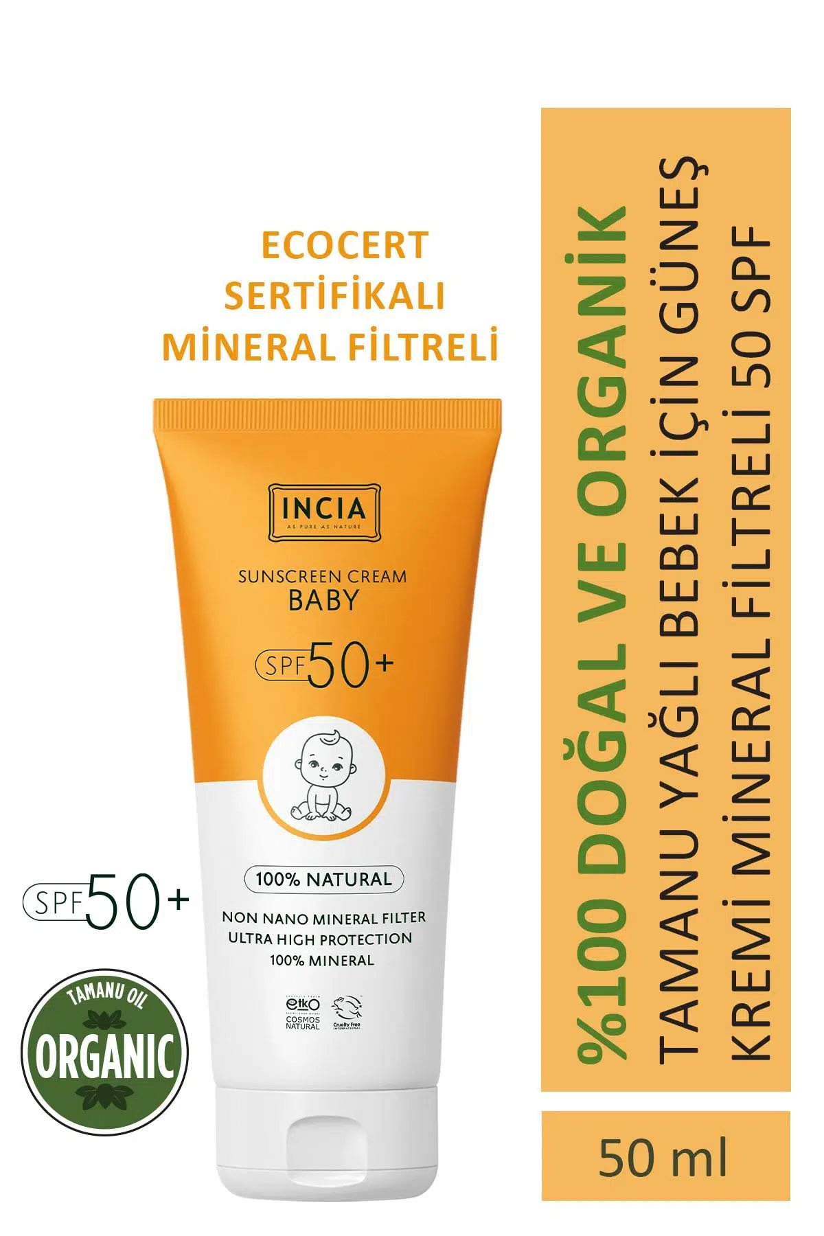Incia %100 Doğal Bebek Güneş Kremi-leke Karşıtı Mineral Filtreli Yüksek Koruma 50spf Uva Uvb 50ml