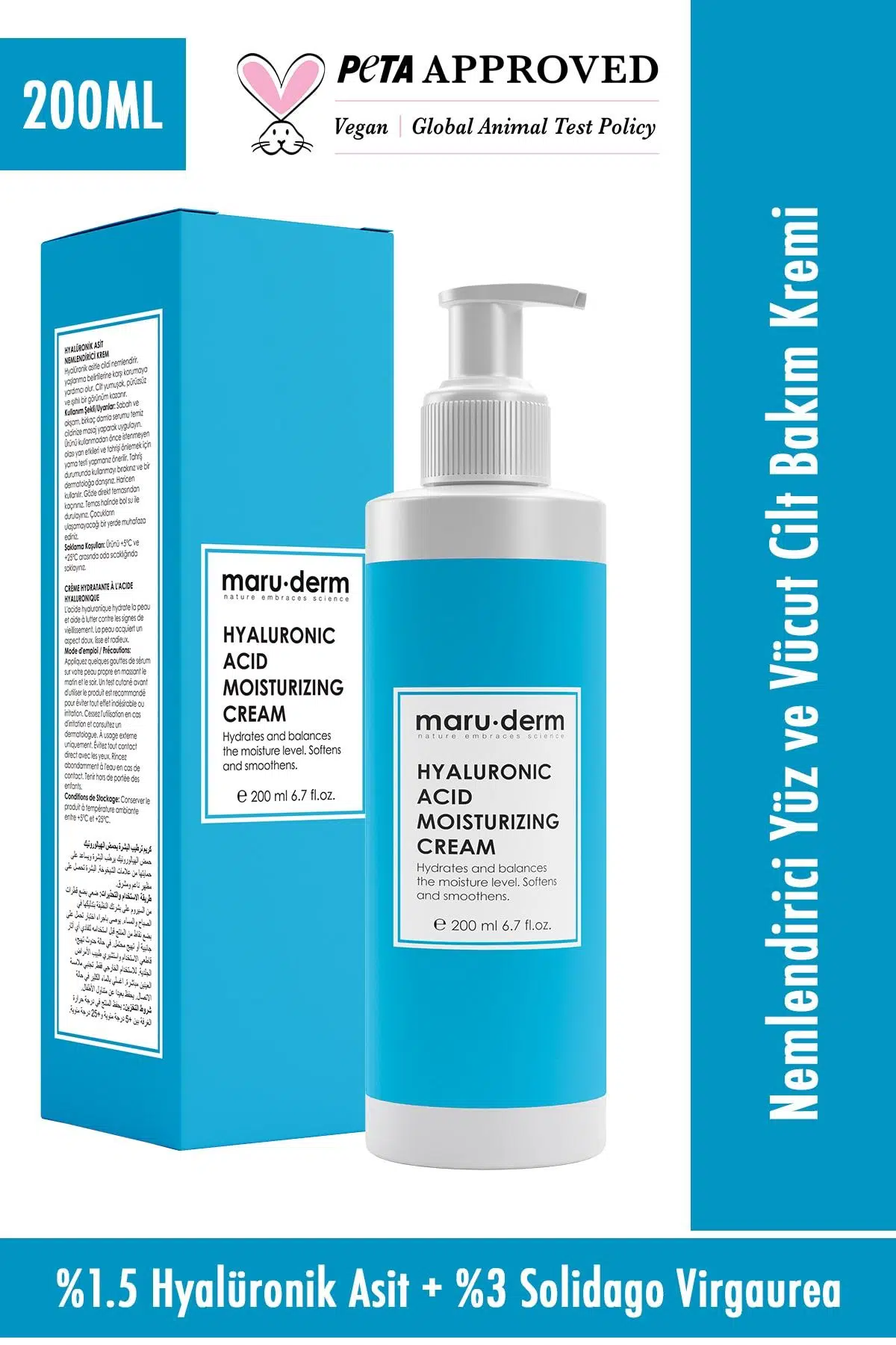 Maruderm Hyalüronik Asit Nemlendirici Yüz ve Vücut Cilt Bakım Kremi 200 ml