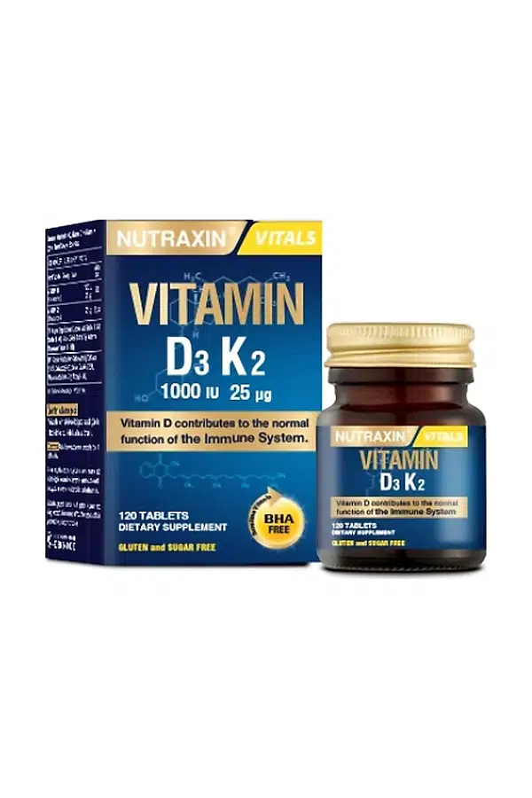 Nutraxin D3K2 120 Tablet - 1000 IU D3 vitamini, 25 mcg K2 vitamini