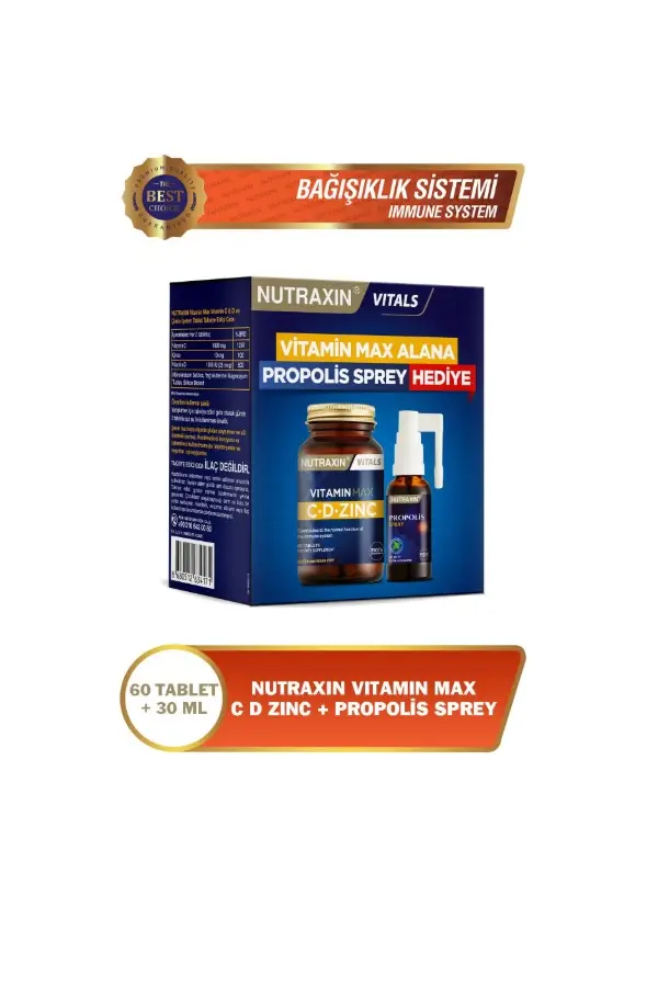 Nutraxin Vitamin Max C-D-Zinc 60 Tablet + Propolis Spray 30 ml