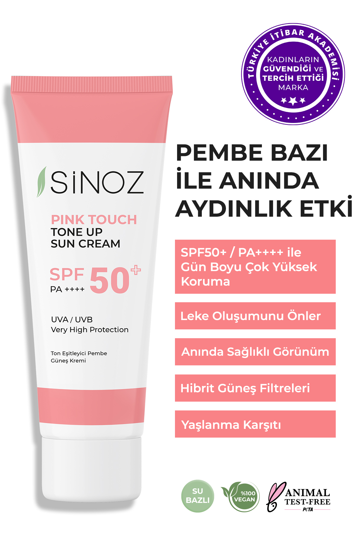 Sinoz Pink Touch SPF50+ Cilt Aydınlatıcı Ton Eşitleyici Pembe Yüz Güneş Kremi Tüm Ciltler İçin 50 ml