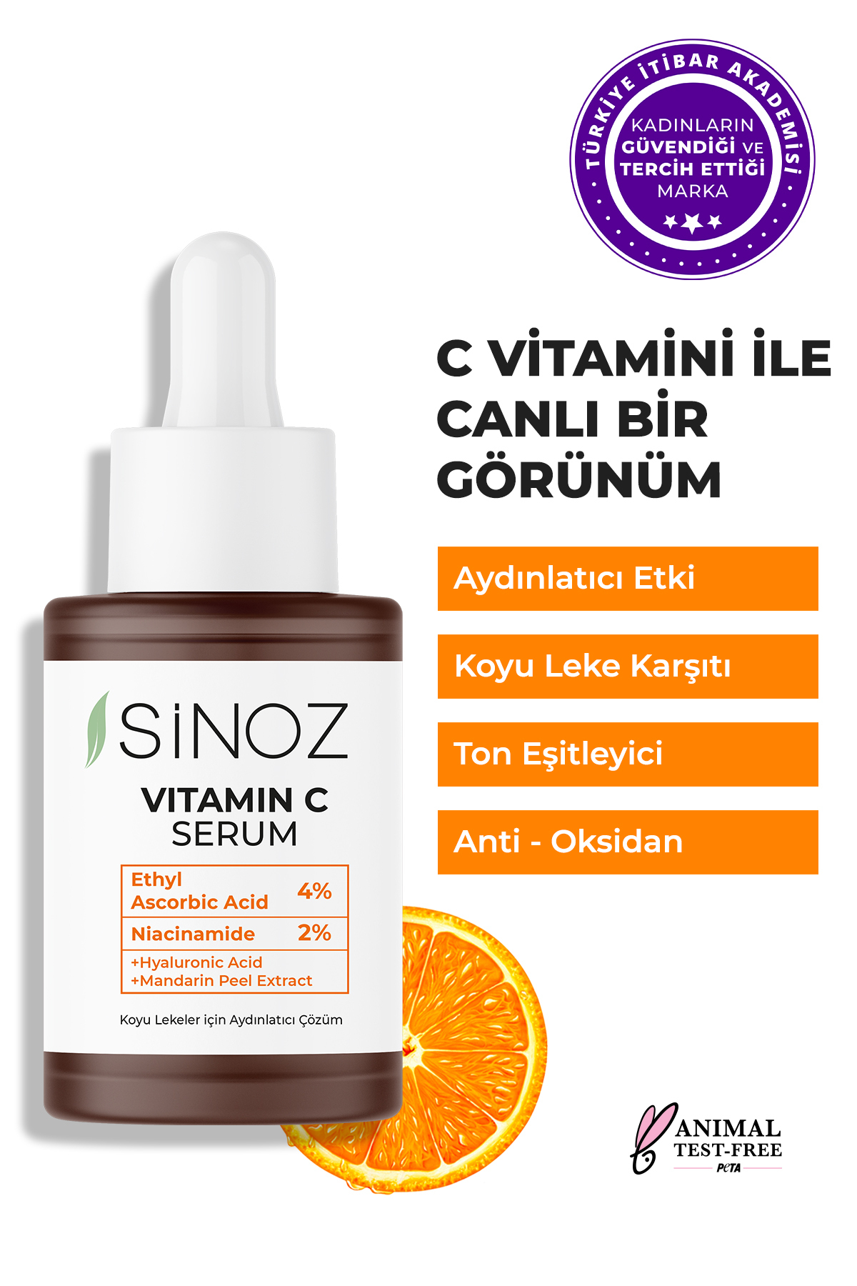 Sinoz Ton Eşitleyici Aydınlatıcı Vitamin C %4 Niacinamide %2 Yüz Serumu Tüm Ciltler İçin 30 ml