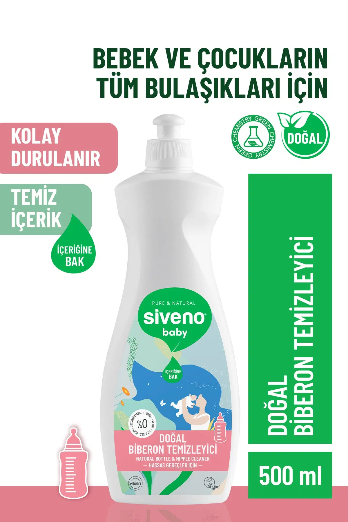 Siveno Emzik ve Biberon Temizleyicisi Bitkisel Elde Bulaşık Sabunu Nemlendirici Vegan 500 ml