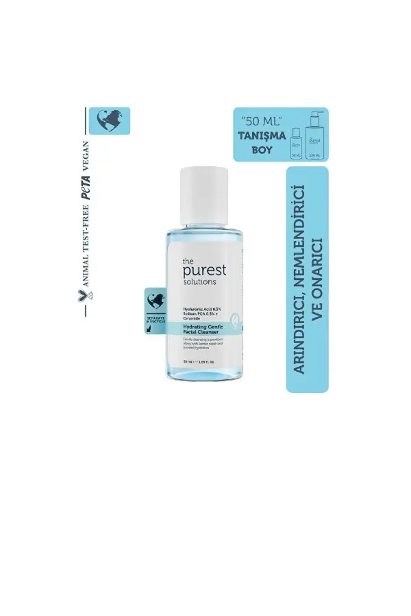 The Purest Solutions Seyahat Boy Kuru ve Karma Ciltler İçin Nemlendirici ve Bariyer Onarıcı Hyalüronik Asit Yüz Temizleme Jeli 50 ml